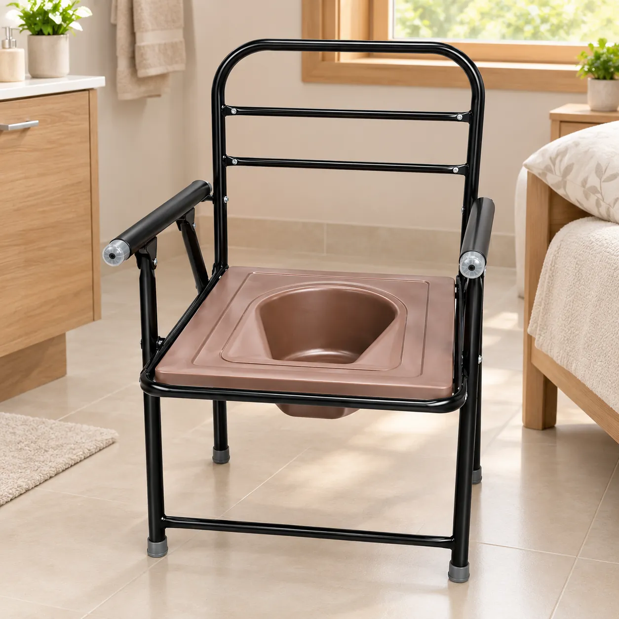 Portable commode chair with brown seat and black frame