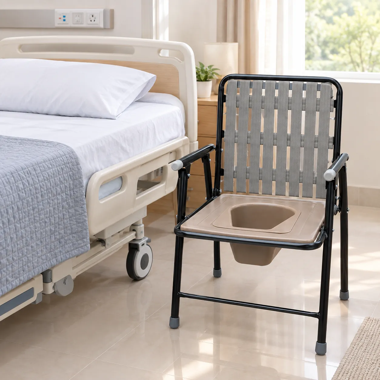 Commode chair with padded armrests and brown seat
