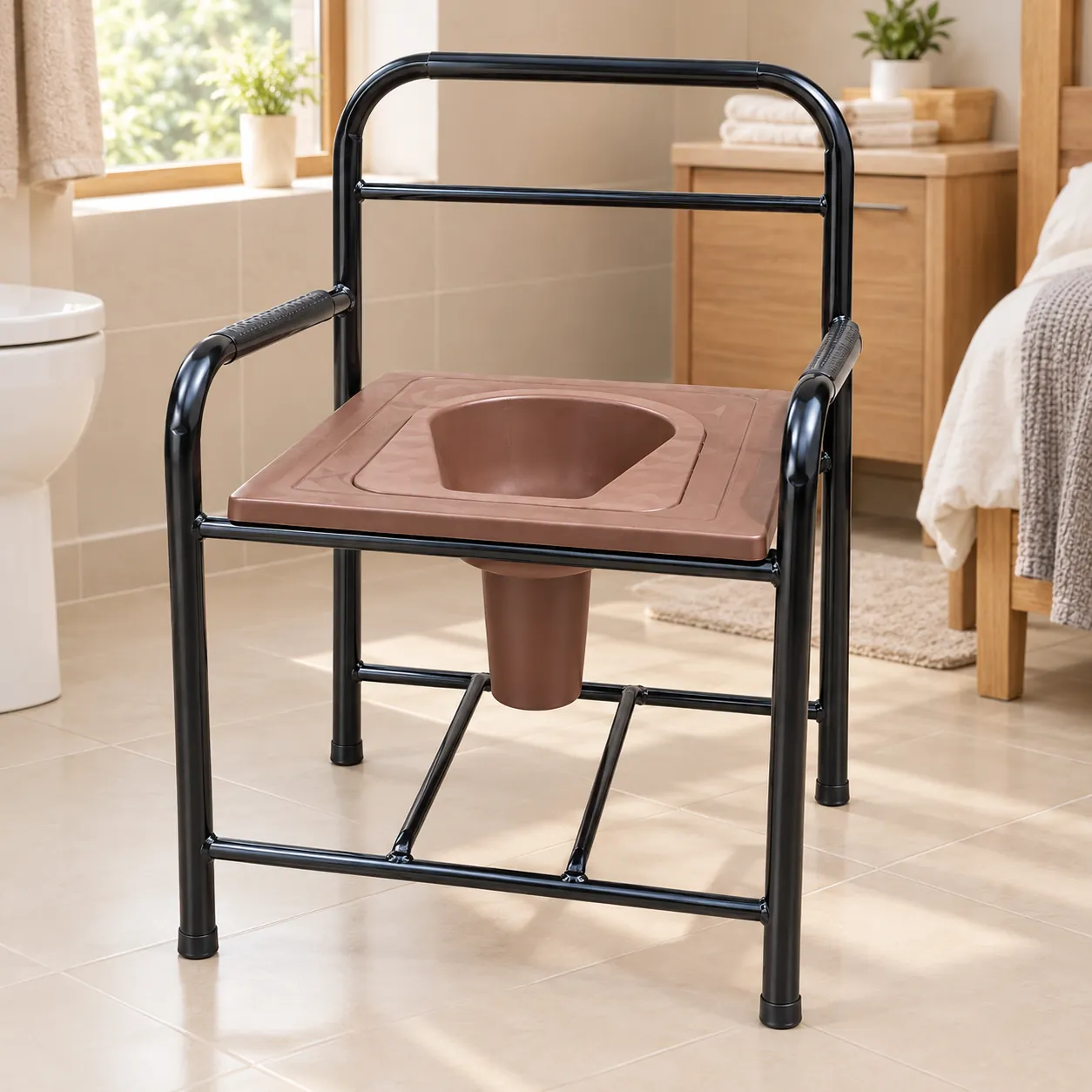 Commode chair with armrests footrest and brown seat