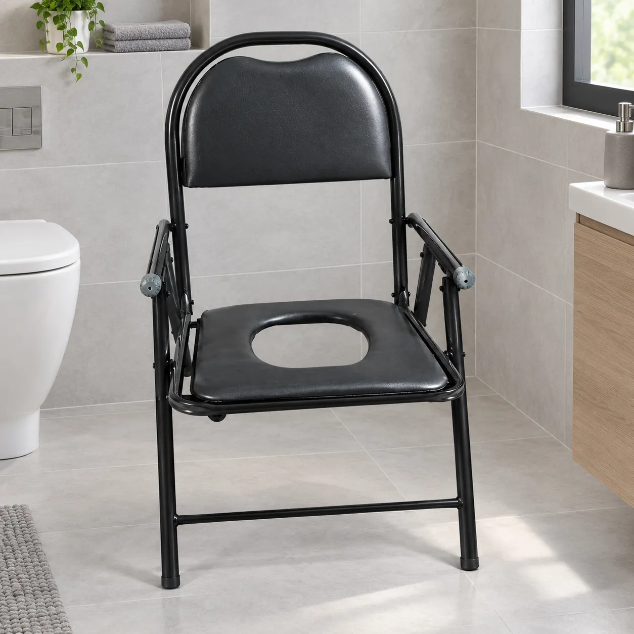 Folding commode chair with padded seat and armrests