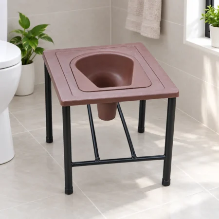 Portable commode chair stool with brown seat and black frame