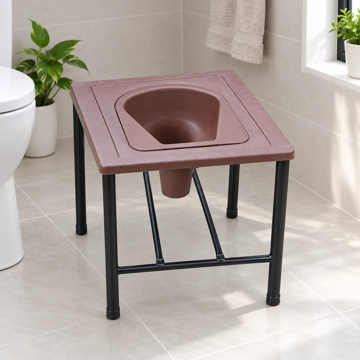 Portable commode chair stool with brown seat and black frame