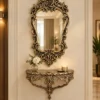 Antique gold ornate decorative wall mirror with elaborate floral scrollwork frame, 18x36 inches