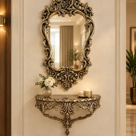 Antique gold ornate decorative wall mirror with elaborate floral scrollwork frame, 18x36 inches