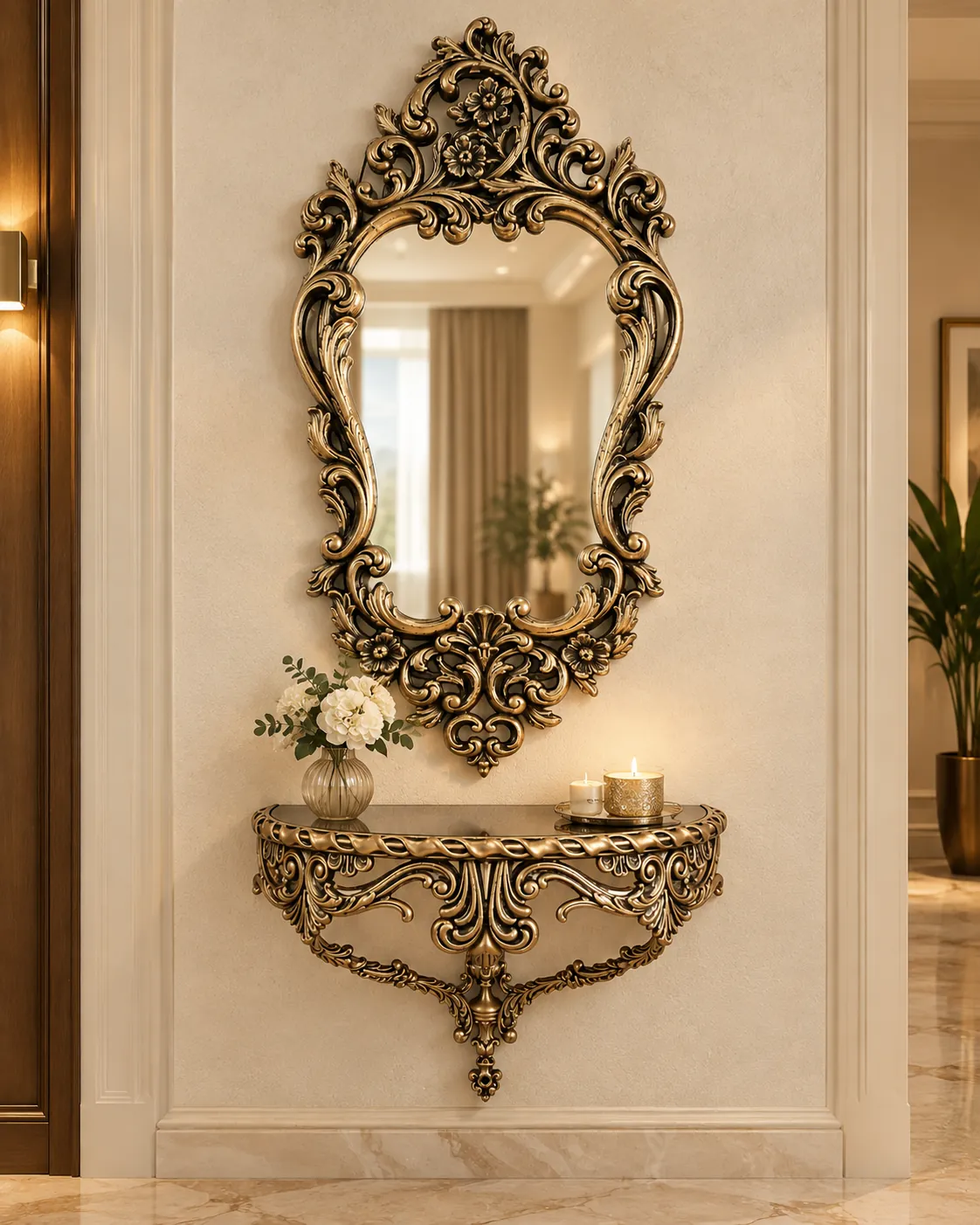 Antique gold ornate decorative wall mirror with elaborate floral scrollwork frame, 18x36 inches