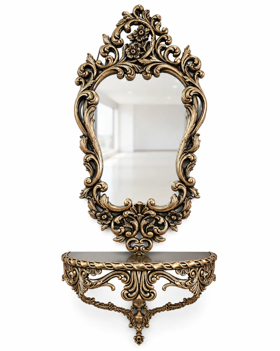 Antique gold ornate decorative wall mirror with elaborate floral scrollwork frame, 18x36 inches