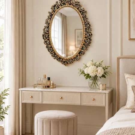 Ornate oval wall mirror with antique gold decorative frame 24x39 inches