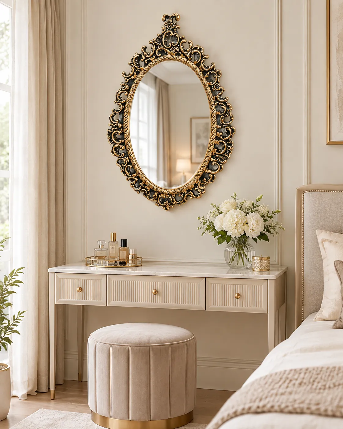 Ornate oval wall mirror with antique gold decorative frame 24x39 inches