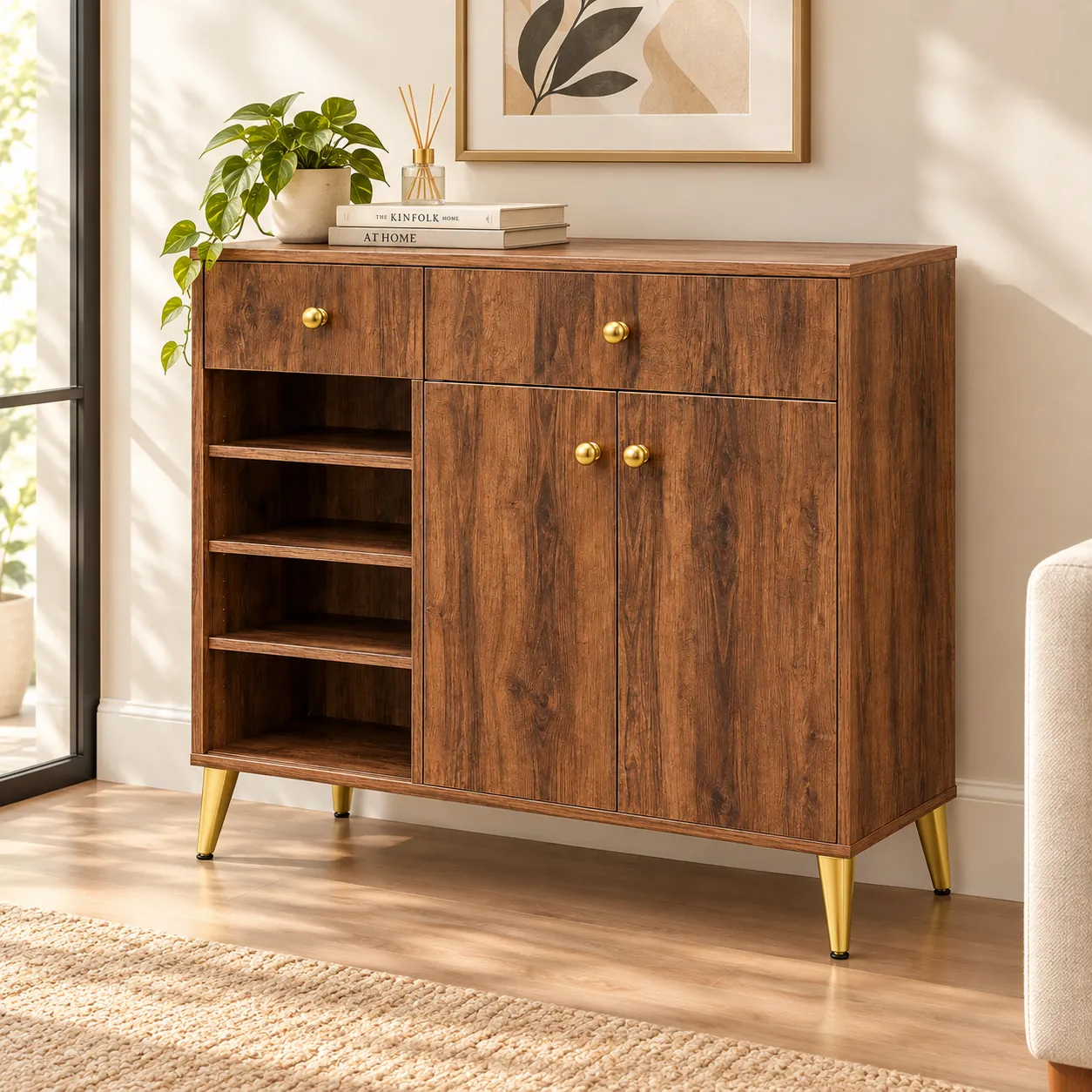 Wood finish sideboard storage cabinet with open shelves