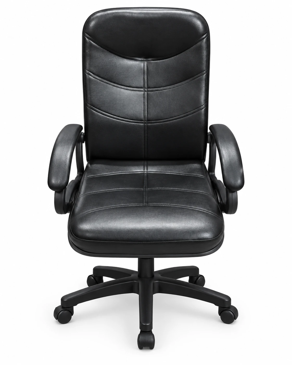 Black executive office chair beside a wooden office desk