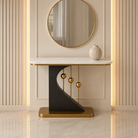 Modern black and gold console table with white marble-look top