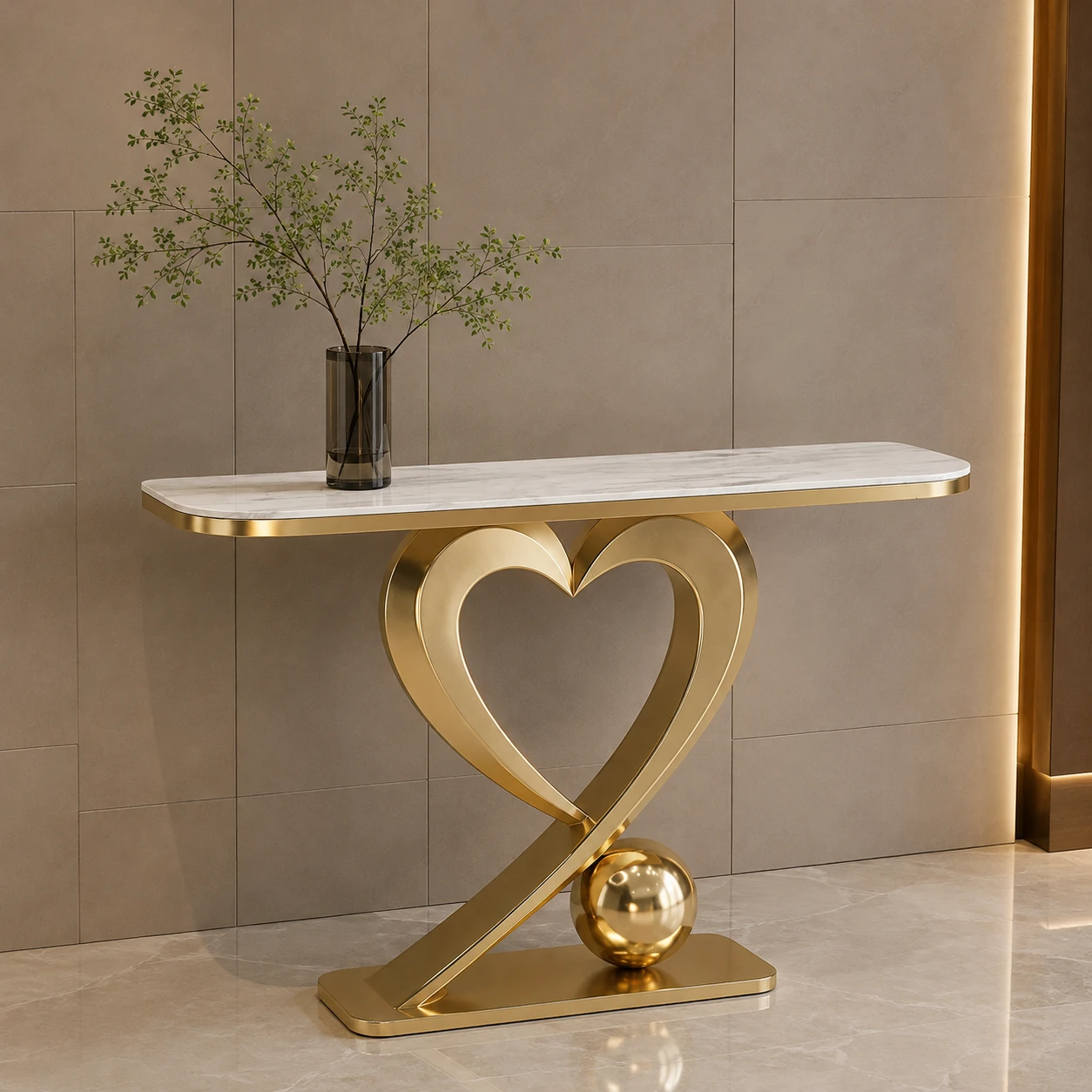Modern gold console table with marble-look top