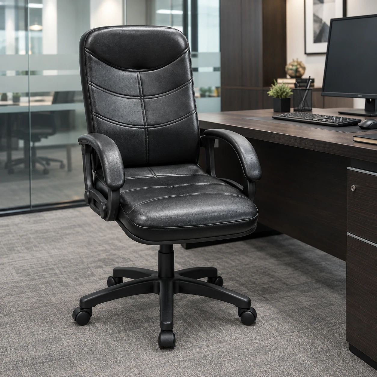 Black executive office chair with padded seat and curved armrests