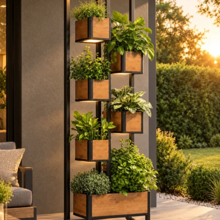 Tall black vertical planter stand with wood-look boxes and warm lights
