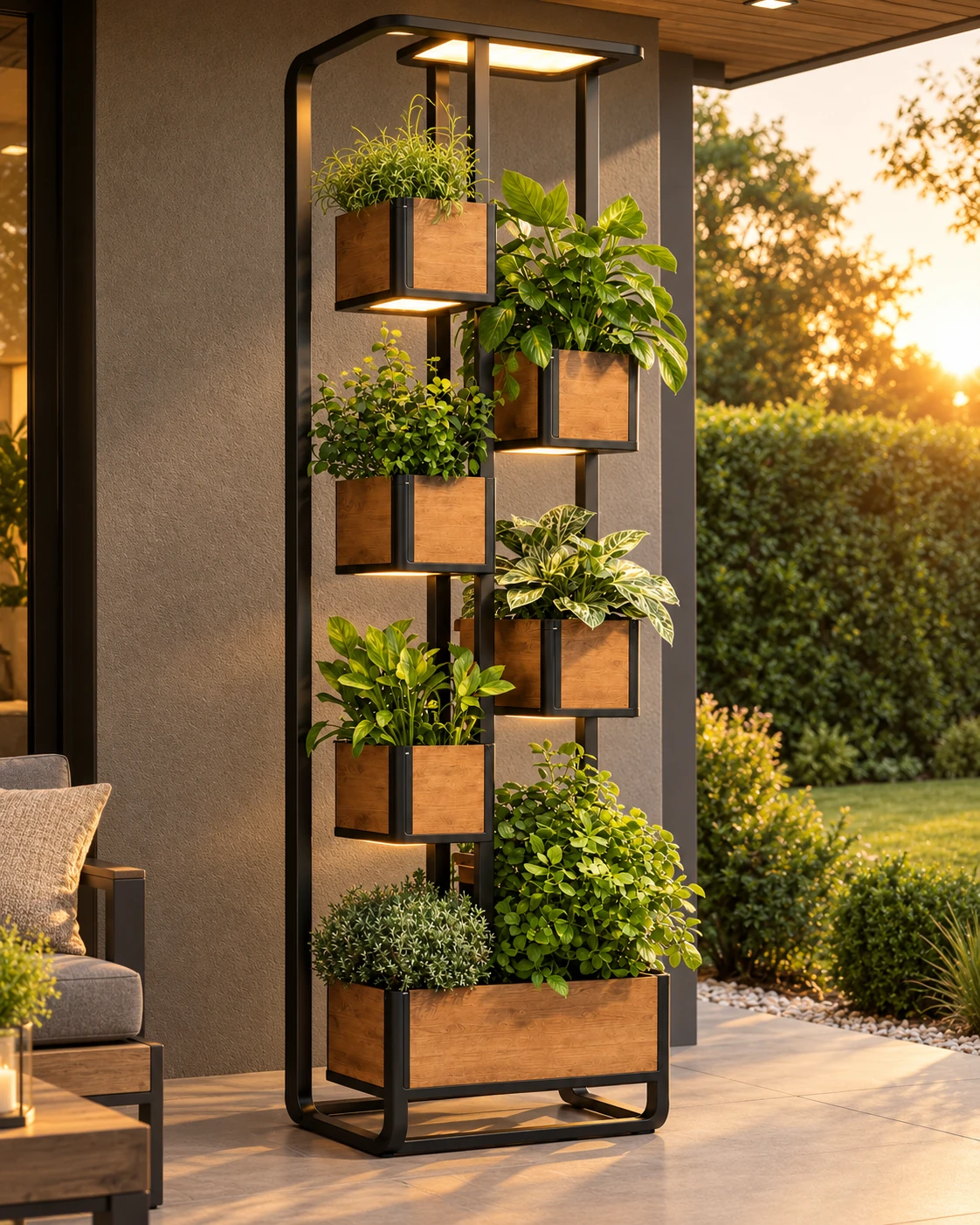Tall black vertical planter stand with wood-look boxes and warm lights