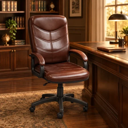 Brown executive office chair with black base and caster wheels