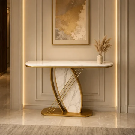Luxury console table with white marble-look top and gold curved base