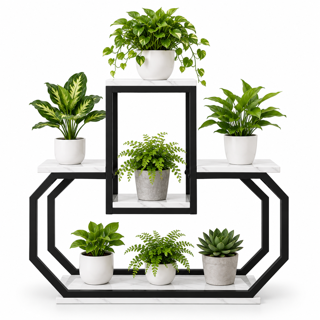 Modern multi-tier plant display stand with geometric black frame