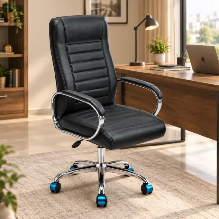Black executive office chair with chrome base and blue caster wheels
