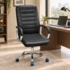 Black high-back executive office chair with chrome base and blue caster wheels