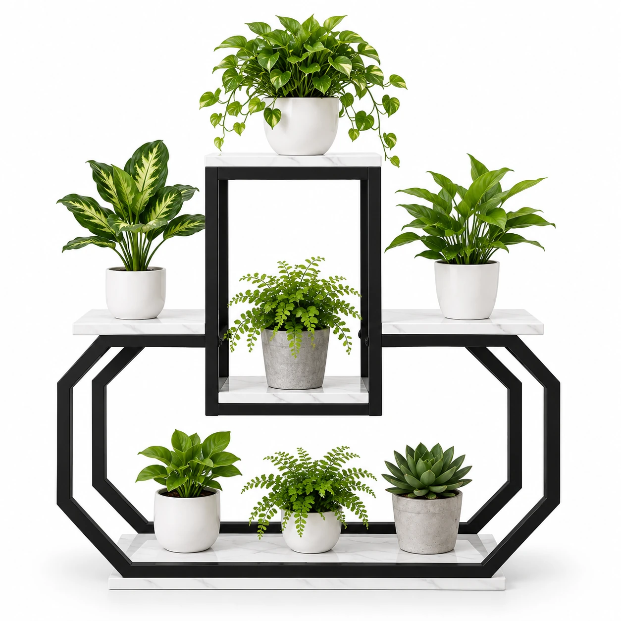 Black geometric metal plant stand with white marble-look shelves