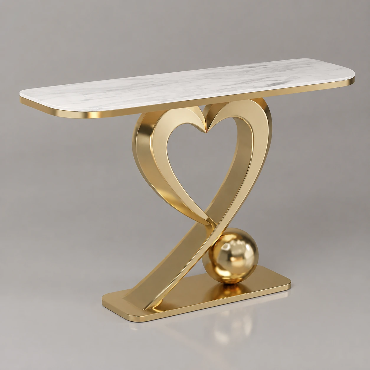 Luxury gold console table with white marble-look top and heart-shaped base