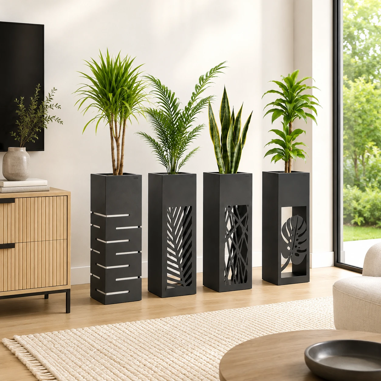 Modern black decorative planter stands with cutout designs in a living room