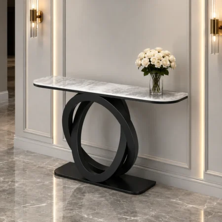 Modern console table with white-grey marble-look top and black circular base
