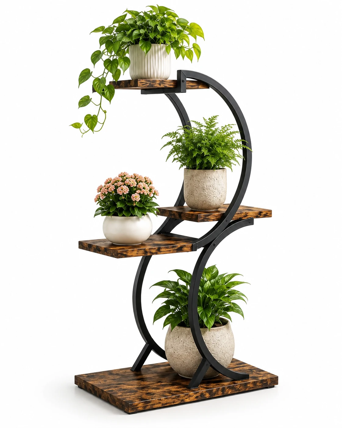 Modern 4 tier plant stand with curved black frame and wooden shelves
