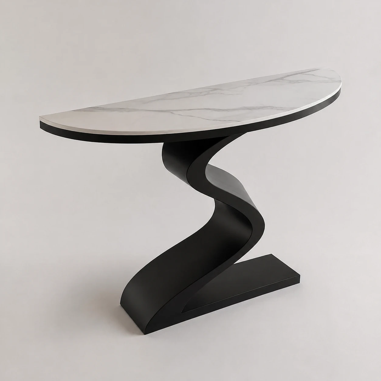 Modern console table with white-grey marble-look top and black circular base side view