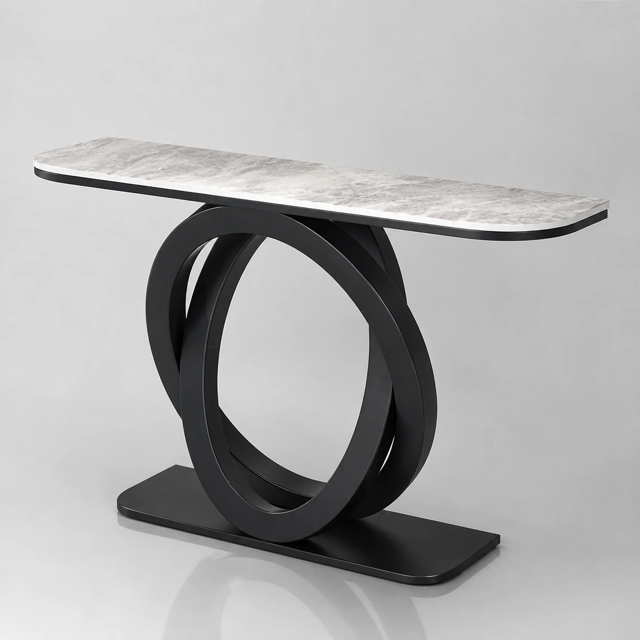 Modern console table with white-grey marble-look top and black circular base