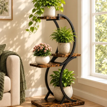 Curved black metal plant stand with rustic brown shelves