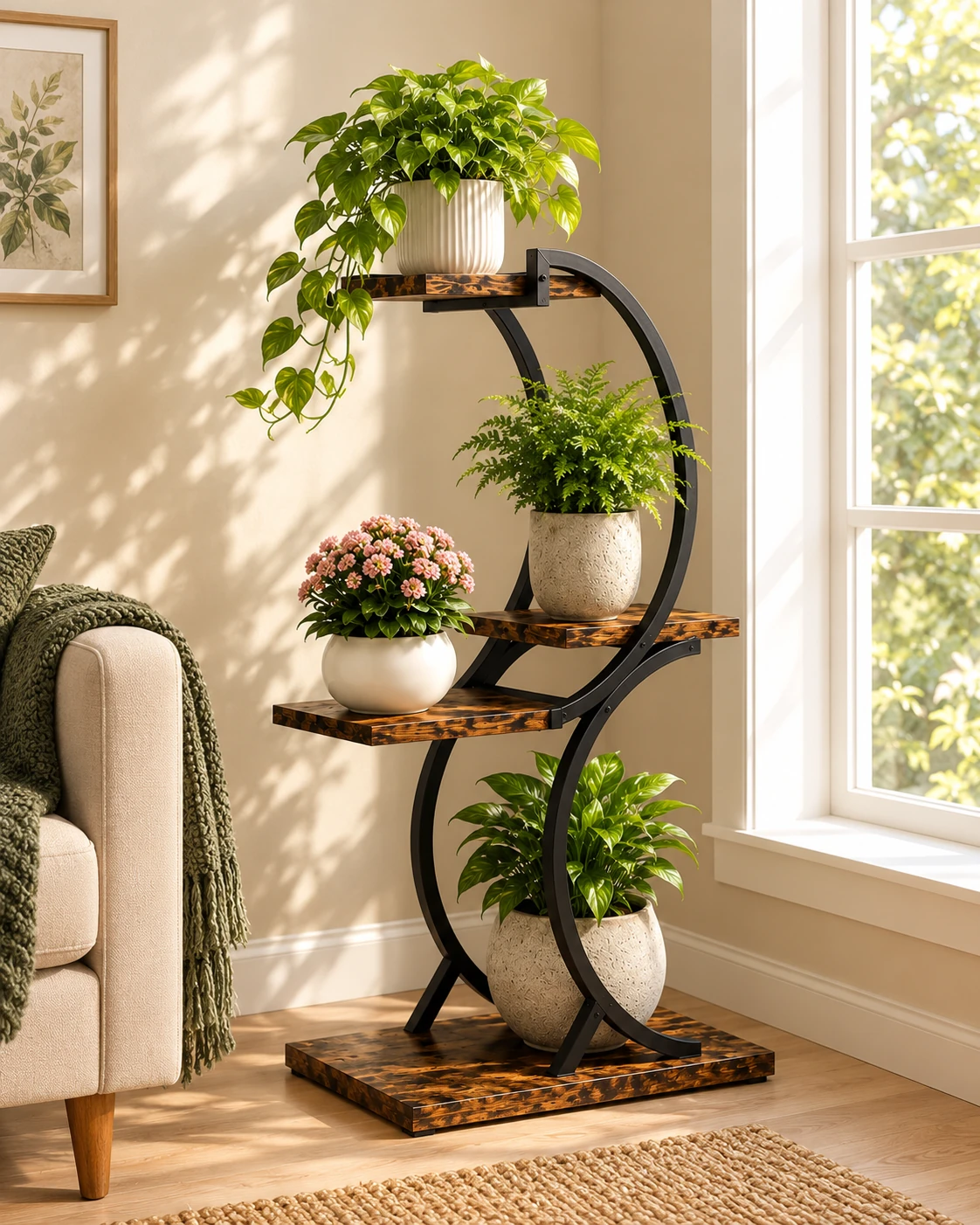 Curved black metal plant stand with rustic brown shelves