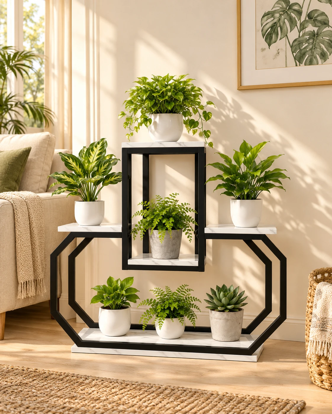 Black geometric plant stand with white marble-look shelves