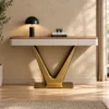 Luxury gold V-base console table with wood-look top