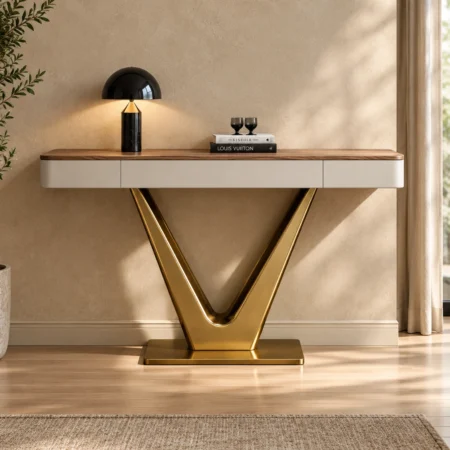 Luxury console table with walnut-tone top and gold V-shaped base