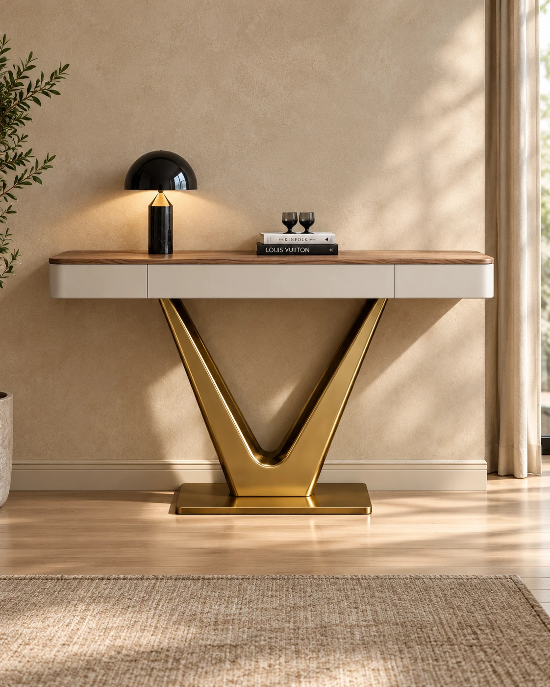 Luxury console table with walnut-tone top and gold V-shaped base