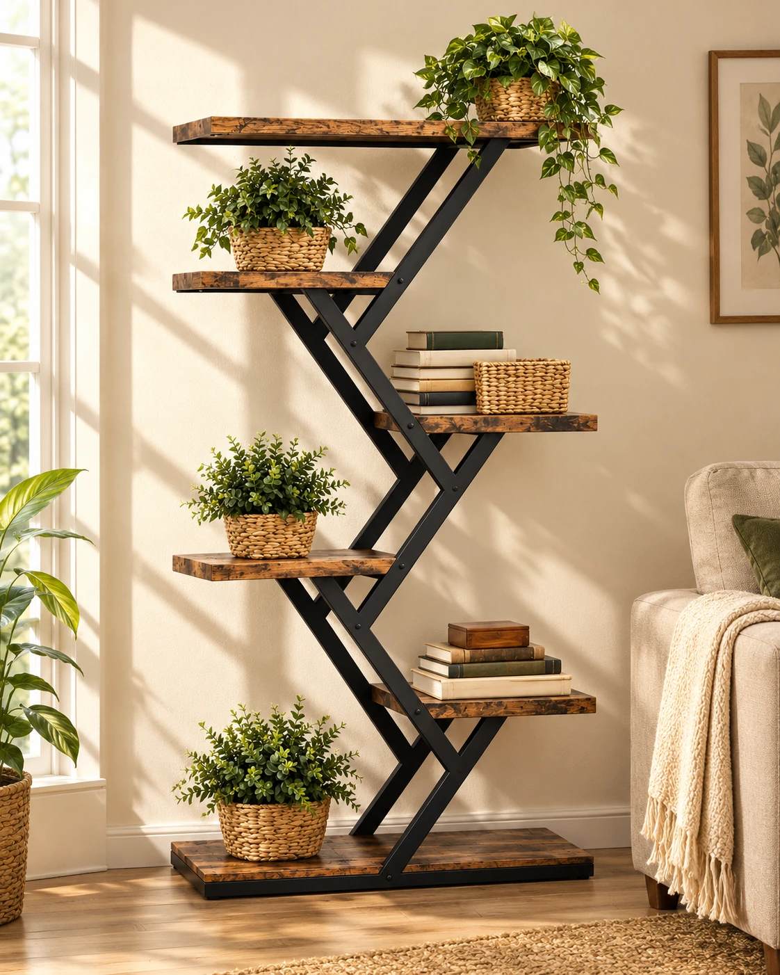 Modern 6 tier zigzag display shelf with black frame and wood finish shelves