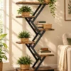 Zigzag black metal bookshelf with rustic brown shelves