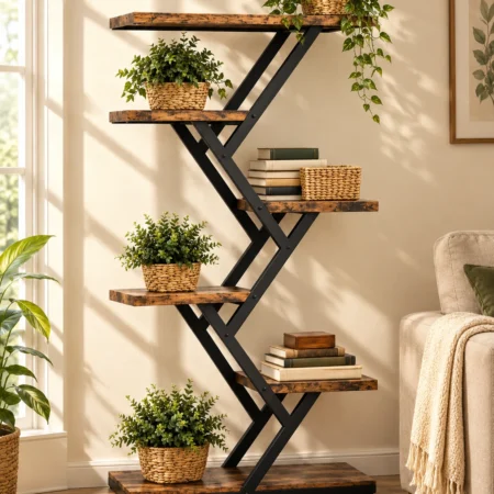 Zigzag black metal bookshelf with rustic brown shelves