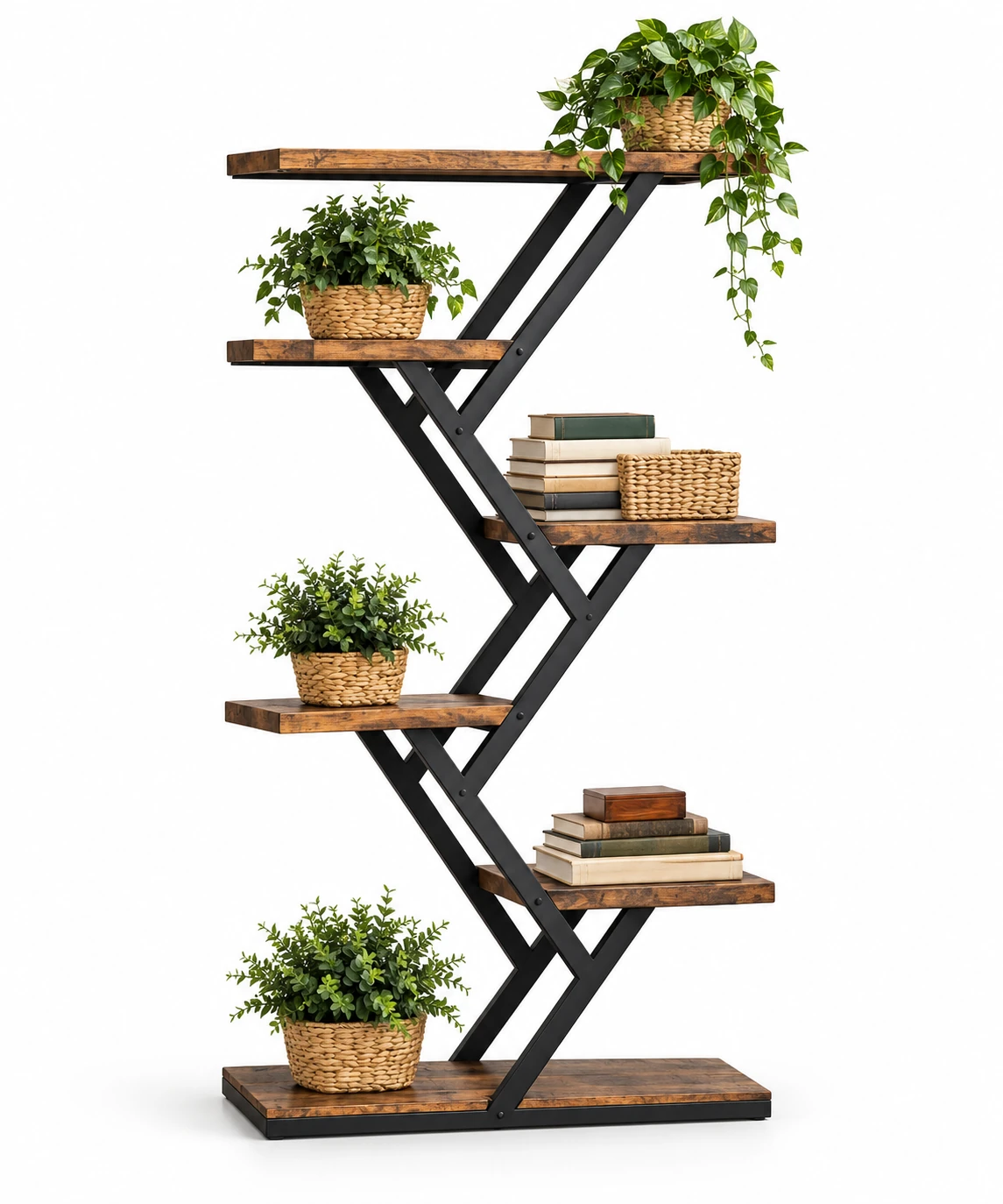 Zigzag black metal bookshelf with rustic brown shelves